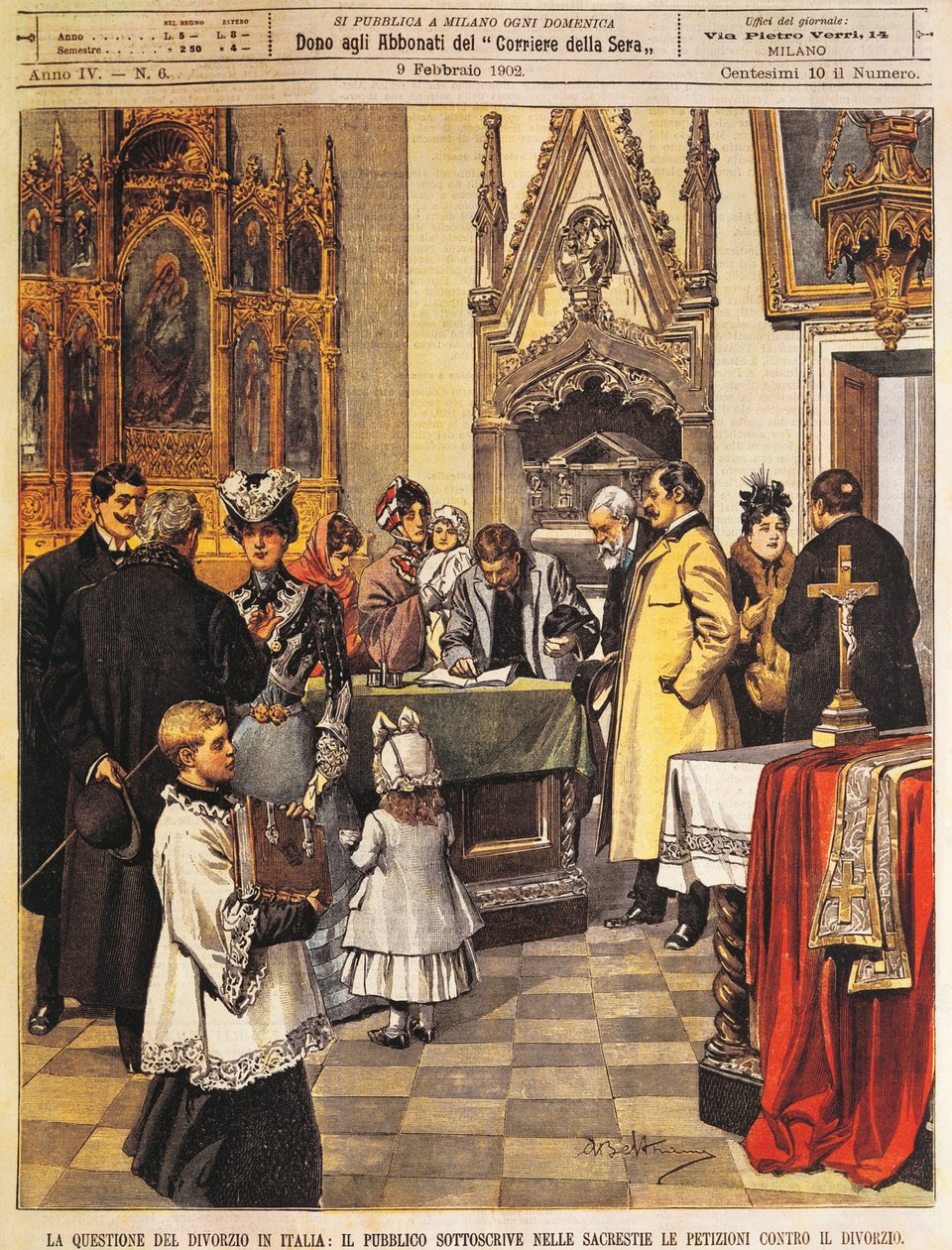 Offentlig underskriftsbegjæring mot skilsmisse i sakristi, av Achille Beltrame, illustrasjon, illustratør Achille Beltrame (1871-1945), fra La Domenica del Corriere, 9. februar 1902 av Achille Beltrame