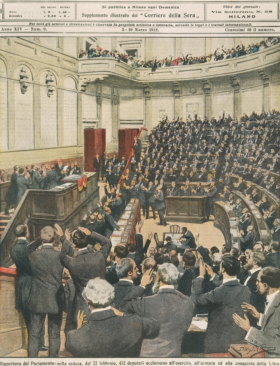 Gjenåpning av det italienske parlamentet om kvelden 22. februar, jubel fra hæren etter den vellykkede kampanjen i Libya, av Achille Beltrame, illustrasjon, illustratør Achille Beltrame (1871-1945), fra La Domenica del Corriere, 3. mars 1912 av Achille Beltrame