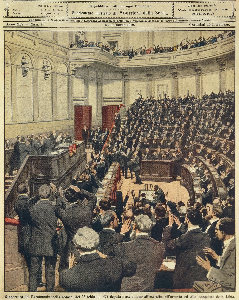Gjenåpning av det italienske parlamentet om kvelden 22. februar, jubel fra hæren etter den vellykkede kampanjen i Libya, av Achille Beltrame, illustrasjon, illustratør Achille Beltrame (1871-1945), fra La Domenica del Corriere, 3. mars 1912 av Achille Beltrame