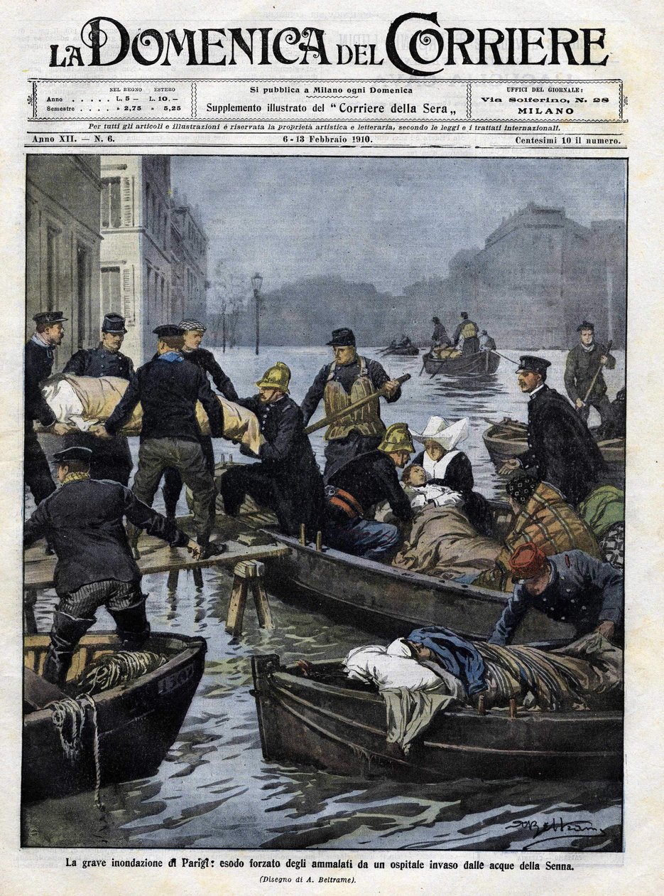 Rescue of the sick in Paris during the February 1910 floods. Cover of the “” domenica del corriere”””.13 February 1910 illustration by Achille Beltrame av Achille Beltrame