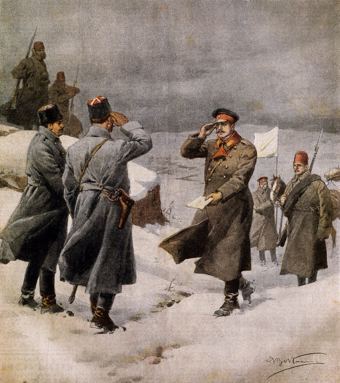 Gjenopptagelse av krigen, tyrkisk parlamentariker som ankommer den bulgarske leiren med melding om slutten av våpenhvilen, av Achille Beltrame (1871-1945), illustrasjon fra La Domenica del Corriere, 9. februar av Achille Beltrame