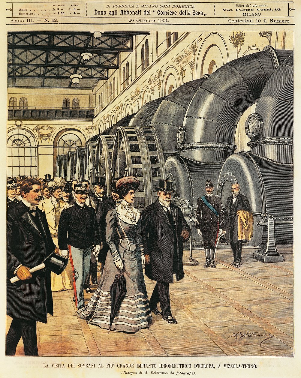 Kongelige besøker Europas største vannkraftverk ved Vizzola Ticino (Italia), av Achille Beltrame (1871-1945), fra La Domenica del Corriere, 20. oktober 1901 av Achille Beltrame