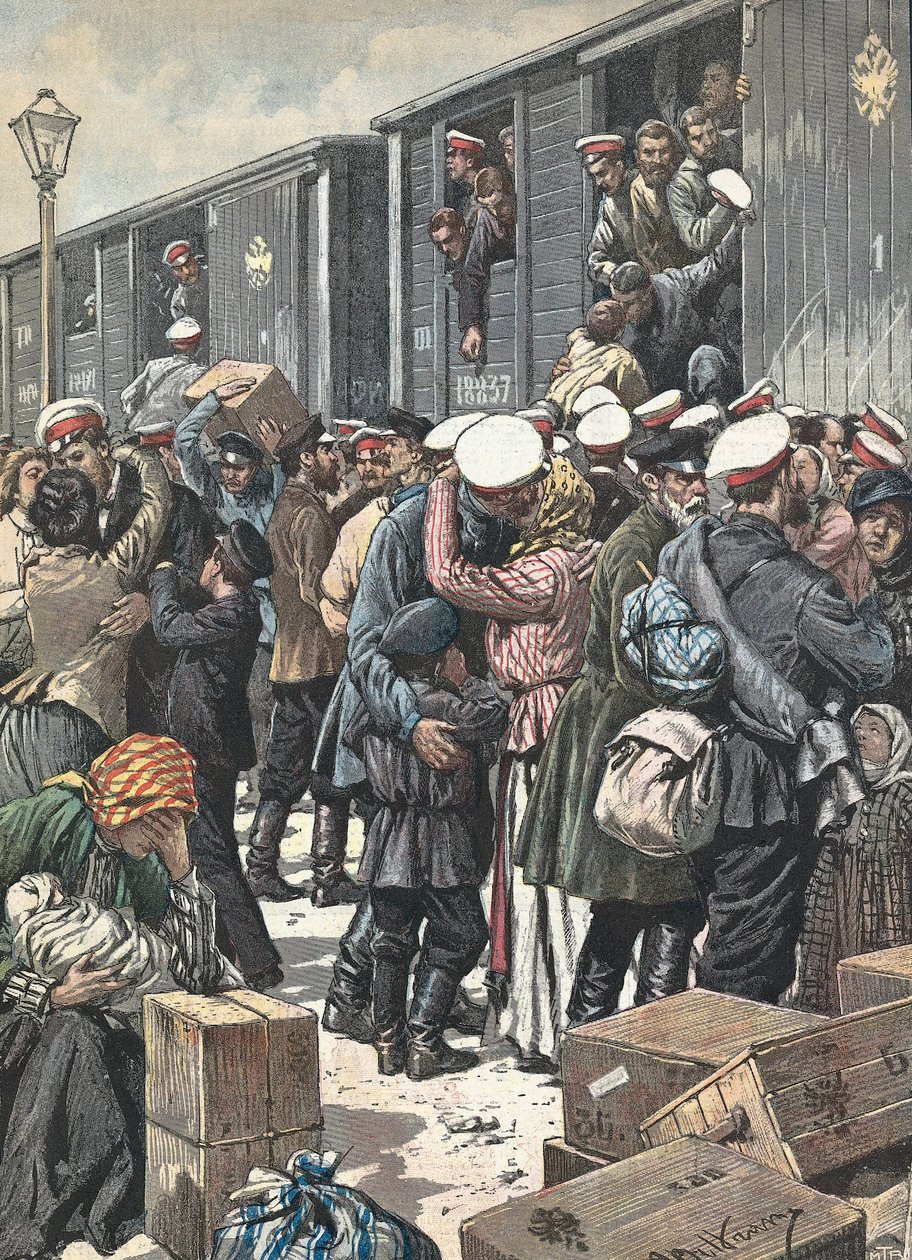 Russland. Avgang av reservister. Illustrert av Antonio Beltrame. "Kurerens søndag". 9. oktober av Achille Beltrame