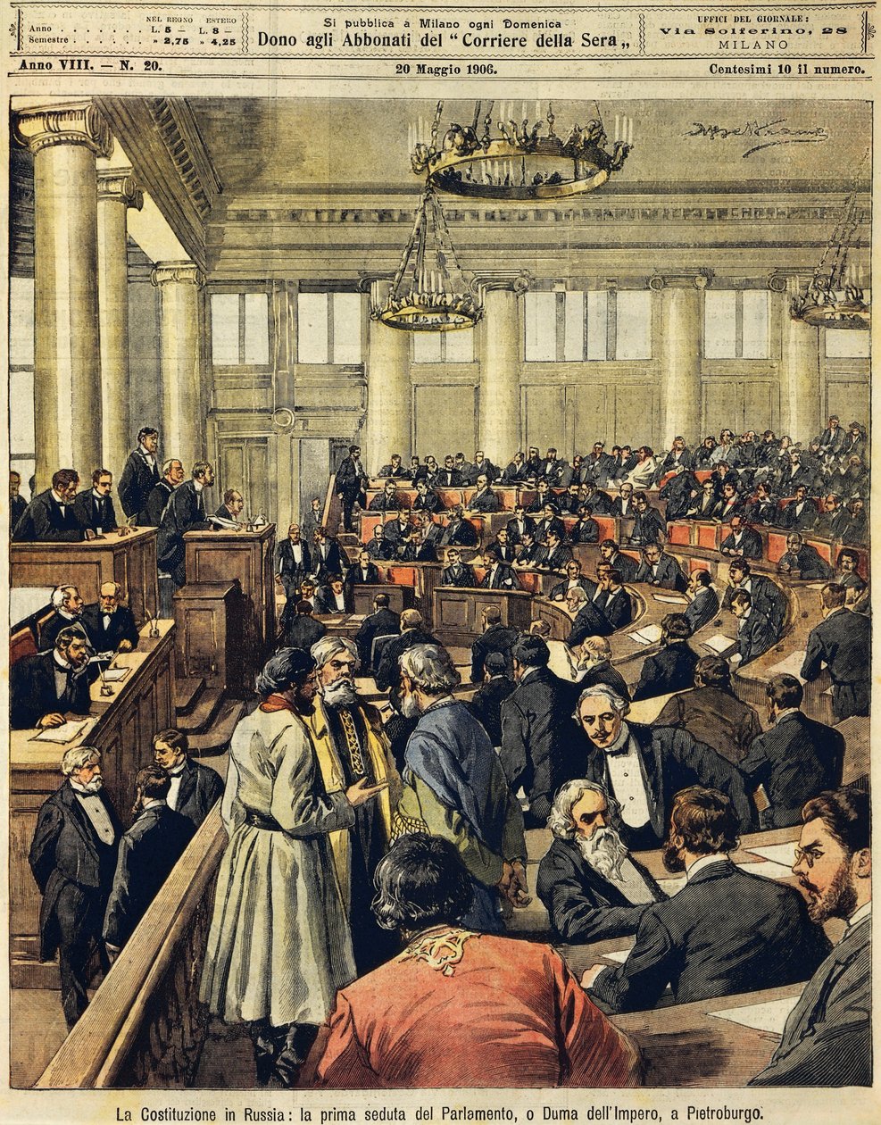 Russisk grunnlov: første møte i parlamentet i St. Petersburg, av Achille Beltrame (1871-1945), fra La Domenica del Corriere, 20. mai 1906 av Achille Beltrame