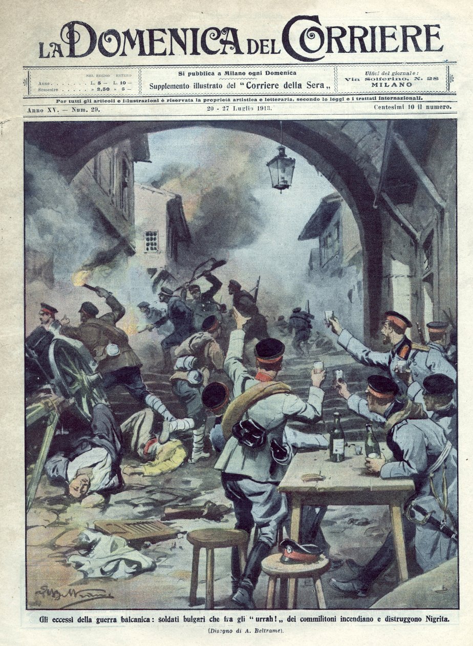 Andre Balkankrig (1913) mellom Bulgaria og Hellas og Tyrkia: Bulgarske soldater satte fyr og ødelegger Nigrita i Hellas. La Domenica del Corriere. 07/1913. Illustrasjon av Beltrame. av Achille Beltrame