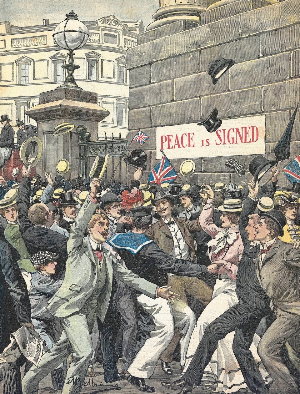 Andre boerkrig. Kunngjøring om slutten av krigen i Londons gater. Illustrasjon av Antonio Beltrame. "The Domenica of the Courier" av Achille Beltrame