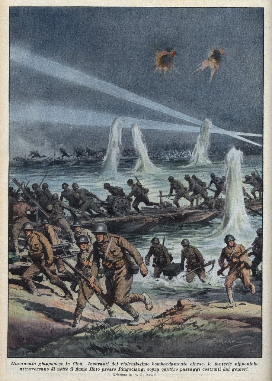 Andre kinesisk-japanske krig (1937-1945): "Den japanske hæren krysser Huto-elven nær Pingshang, under kinesisk bombing." Illustrasjon av Achille Beltrame fra "La domenica del corriere"" av 17/10/1937. av Achille Beltrame