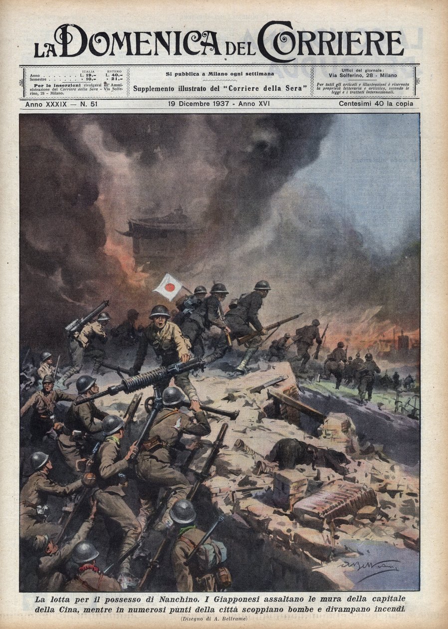 Andre kinesisk-japanske krig (1937-1945): episode av Nanjing-massakren (sekk eller voldtekt av Nanjing) på tidspunktet for konflikter om besittelsen av regionen. Illustrasjon av Achilles Beltrame i "" La domenica del corriere"" av 19.12.1937 av Achille Beltrame
