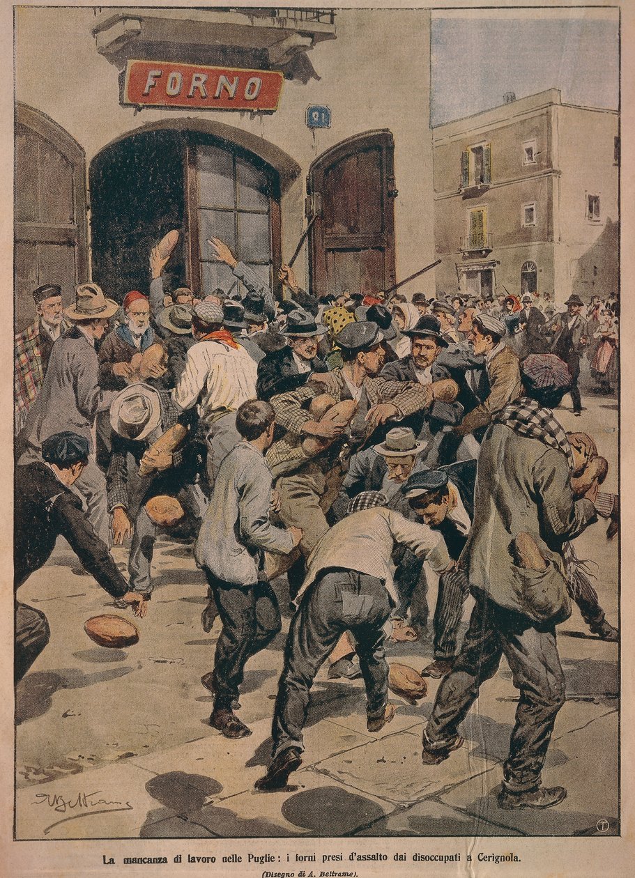 Alvorlig arbeidsmangel i Apulia, ovner som blir stormet av Cerignolas arbeidsledige, av Achille Beltrame, illustrasjon, Illustratør Achille Beltrame (1871-1945), fra La Domenica del Corriere, 20. desember 1908 av Achille Beltrame
