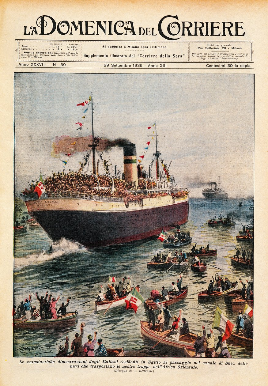 Skip som frakter italienske tropper til Øst-Afrika som krysser Suez-kanalen, illustrasjon fra La Domenica del Corriere, 20. oktober av Achille Beltrame