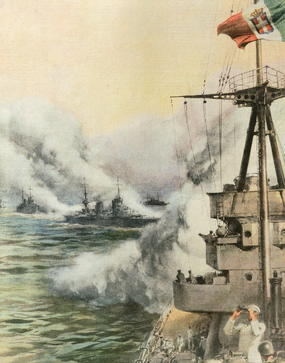 Italiensk konvoi, sett av fiendtlige fly, slipper røykskjerm for å beskytte skip, av Achille Beltrame (1871-1945), illustrasjon fra La Domenica del Corriere, 8. august av Achille Beltrame
