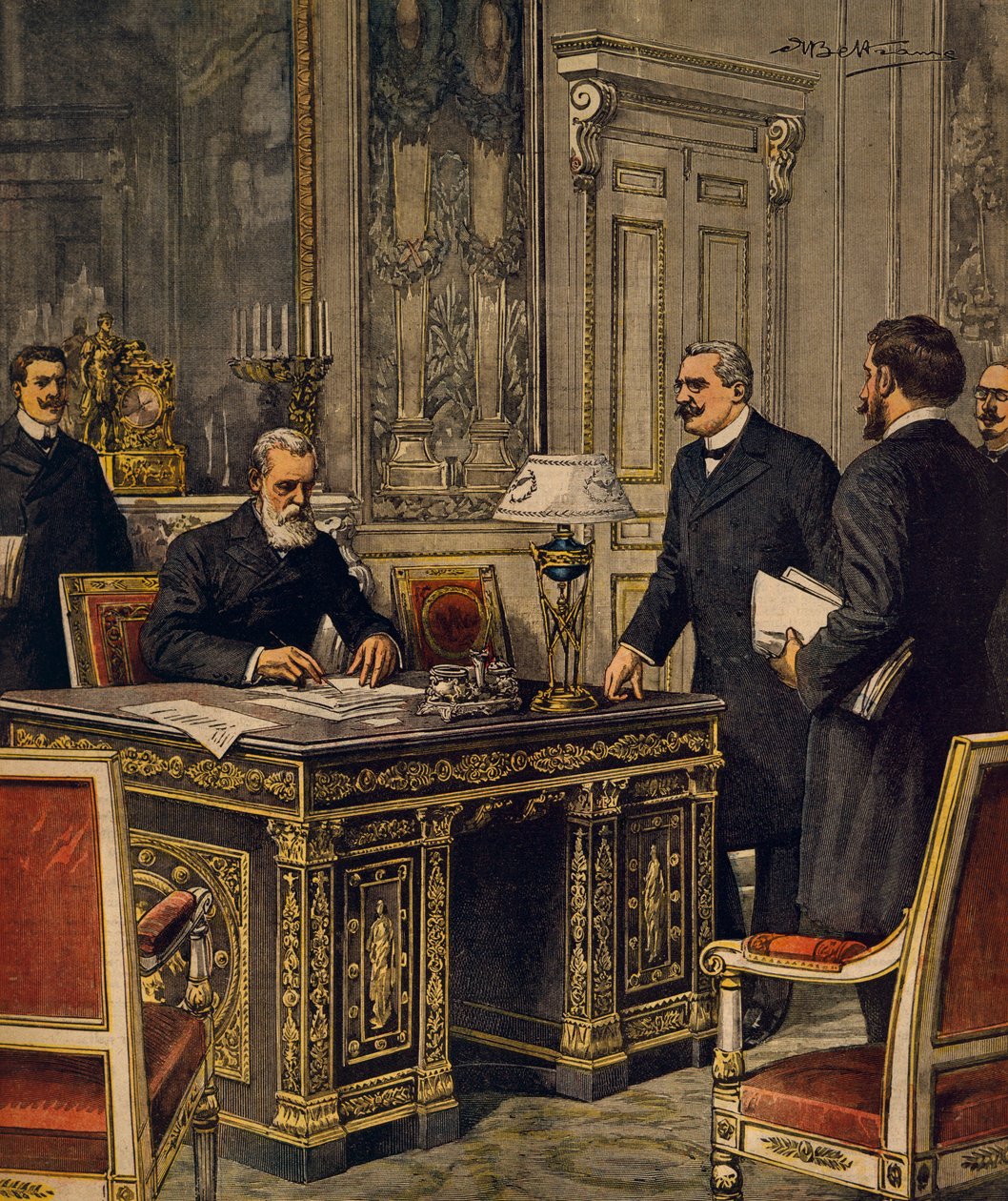 Signering av fransk-italiensk voldgiftskonvensjon i Paris, av Achille Beltrame, illustrasjon, illustratør Achille Beltrame (1871-1945), fra La Domenica del Corriere av Achille Beltrame