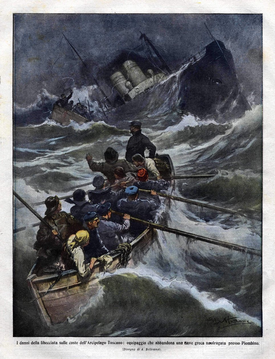 Sinking of an Italian boat off Tuscany in 1910. illustration by Achilles Beltrame av Achille Beltrame