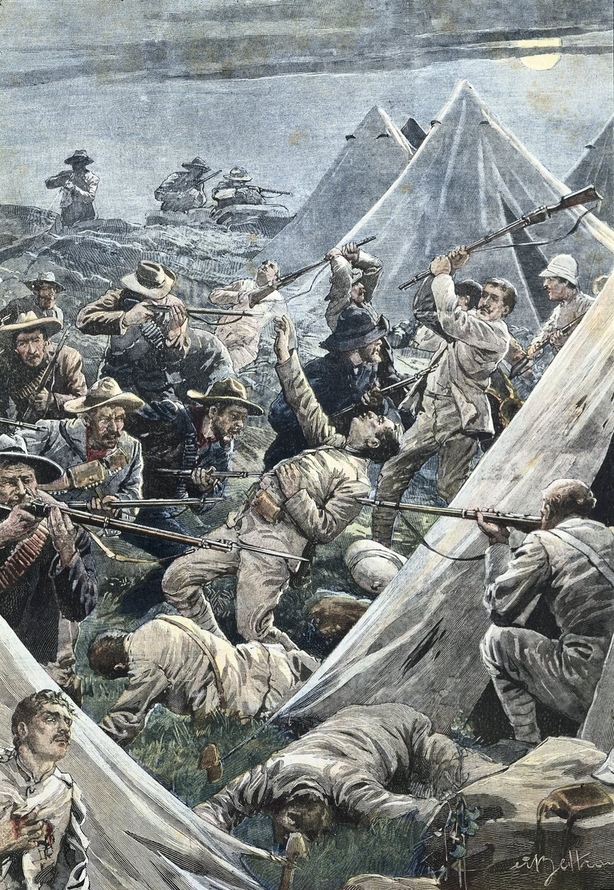 Sør-Afrika. Andre boerkrig. Angrep på den engelske leiren Tweefontein (1902). Illustrasjon av Achille Beltrame. Gravering. av Achille Beltrame