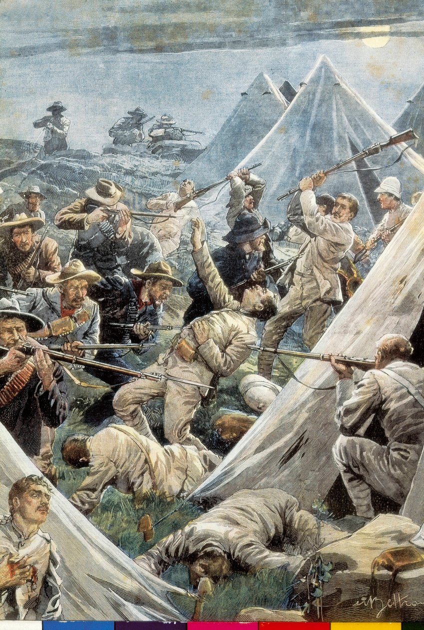 Sør-Afrika. Andre boerkrig. Angrep på den engelske leiren Tweefontein (1902). Illustrasjon av Achille Beltrame. Gravering. av Achille Beltrame