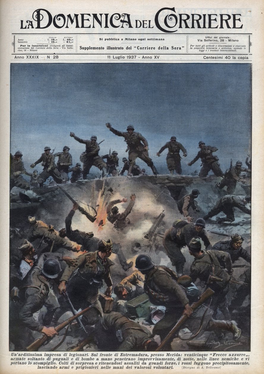 Spansk borgerkrig: En avdeling av italienske frivillige flykter fra den spanske republikanske hæren i Merida-regionen, Spania. Illustrasjon av Achille Beltrame i "La domenica del Corriere"" av 11.07.1937. av Achille Beltrame