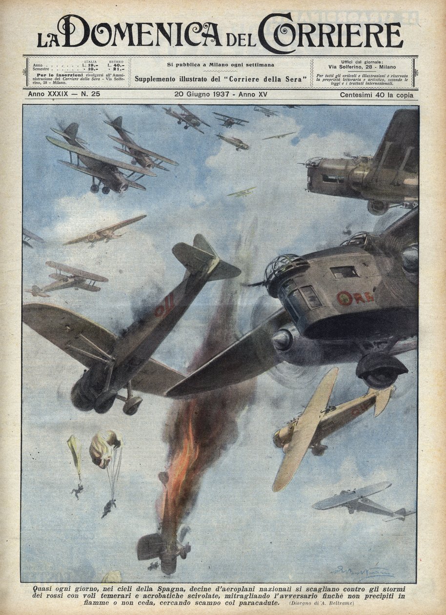 Spansk borgerkrig: Luftsammenstøt mellom republikanske og nasjonalistiske fly over Spania i krig. Illustrasjon av Achille Beltrame i "La domenica del Corriere"" av 20.06.1937. av Achille Beltrame