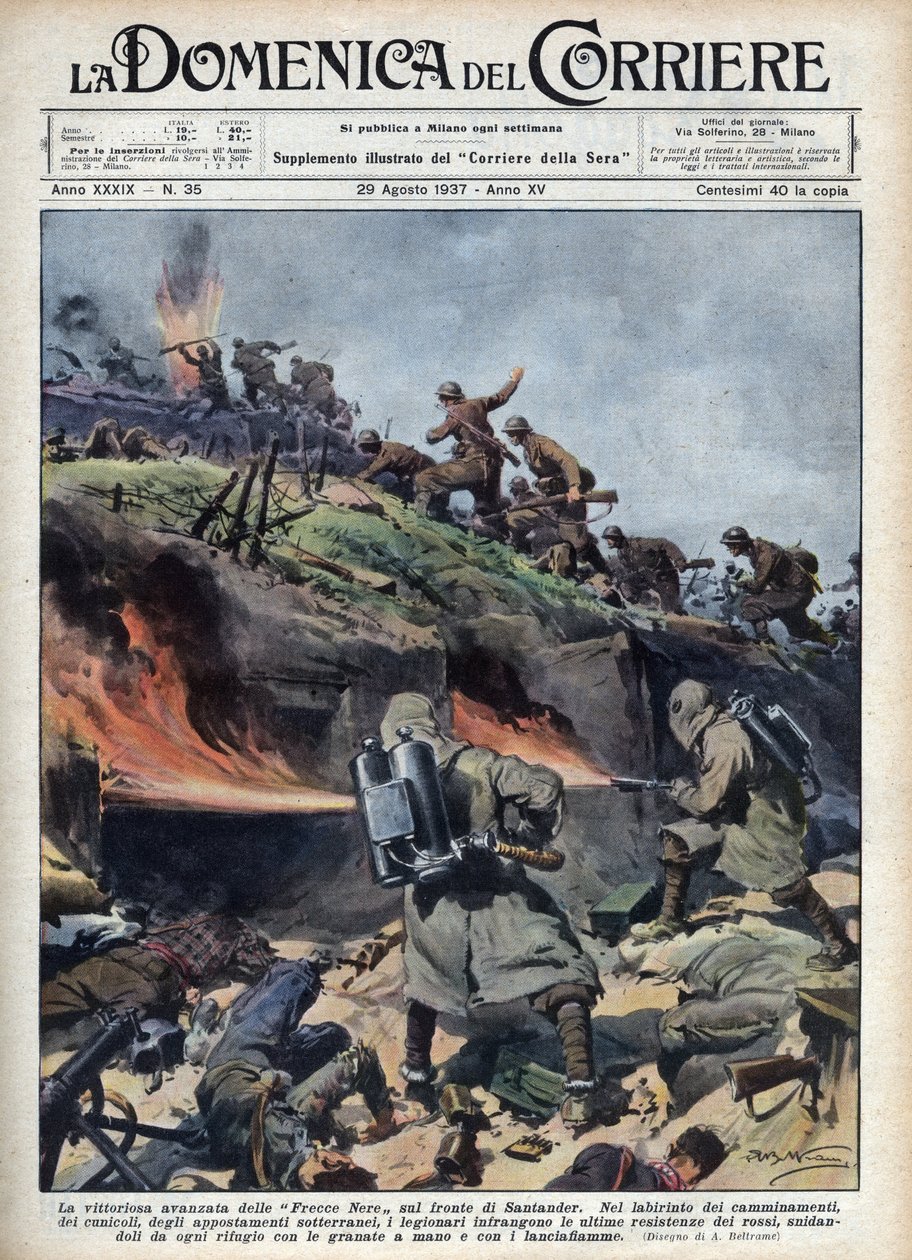 Spansk borgerkrig: Fremsender av "Frecce nere"-brigadene på Santander-fronten. Illustrasjon av Achille Beltrame fra "La domenica del corriere"" av 29.08.1937. av Achille Beltrame