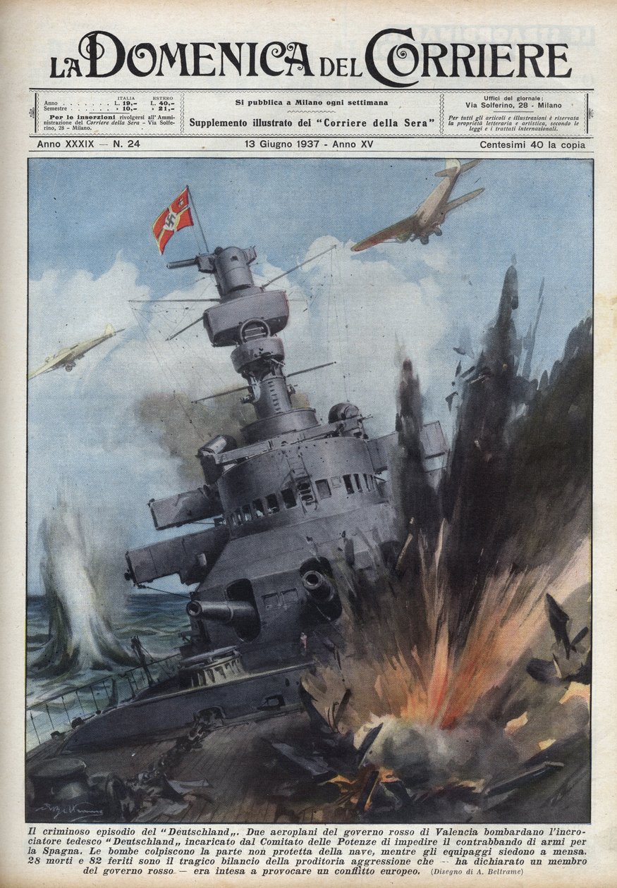 Spansk borgerkrig: To fly fra den republikanske regjeringen i Valencia bombet den tyske krysseren Deutschland for å forhindre våpenhandel til Spania. Illustrasjon av Achille Beltrame i "La domenica del Corriere"" av 13.06.1937. av Achille Beltrame