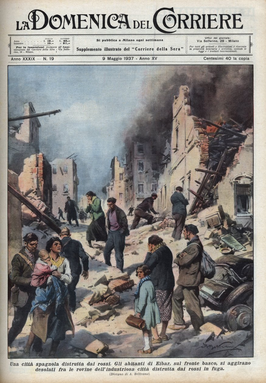 Spansk borgerkrig: utsikt over ruinene av byen Eibar i Baskerland ødelagt av rødt. Illustrasjon av Achille Beltrame i "La domenica del Corriere"" av 09/05/1937. av Achille Beltrame