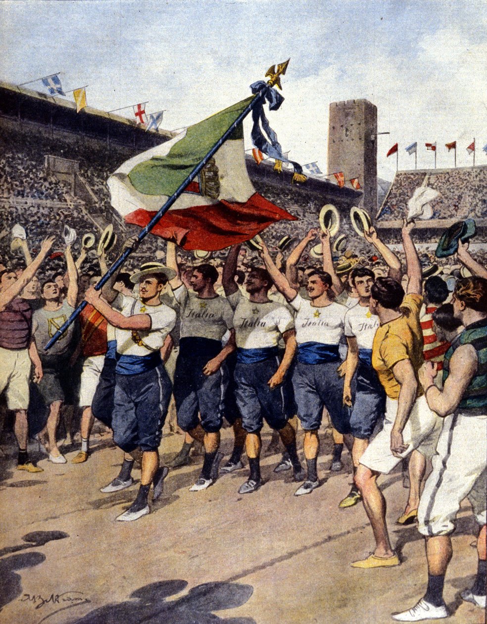 De olympiske leker i Stockholm 1912: det vinnende italienske gymnastikklaget. Ill. d