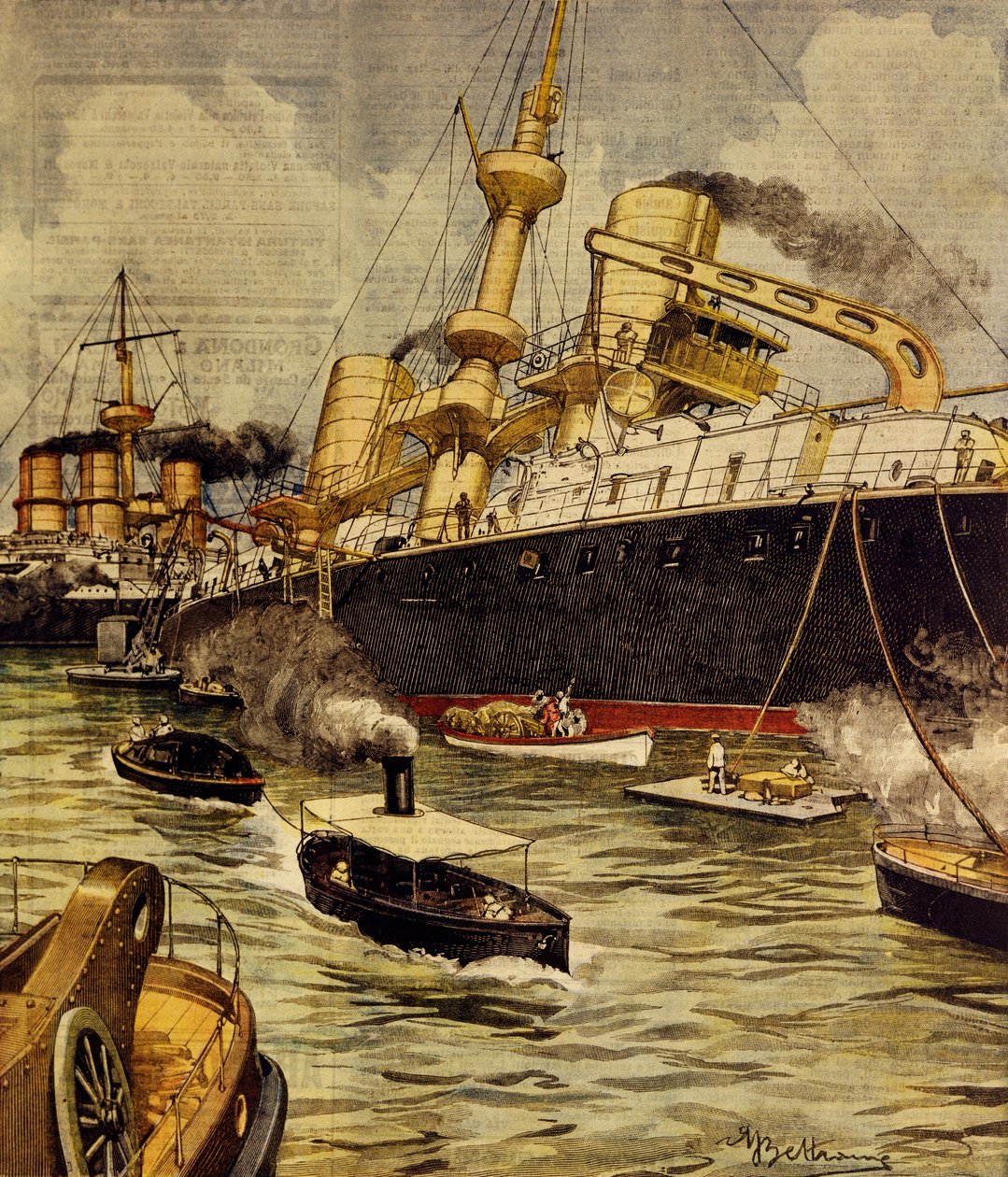 Slagskipet Andrea Doria gikk på grunn nær Gallipoli, av Achille Beltrame (1871-1945), fra La Domenica del Corriere av Achille Beltrame