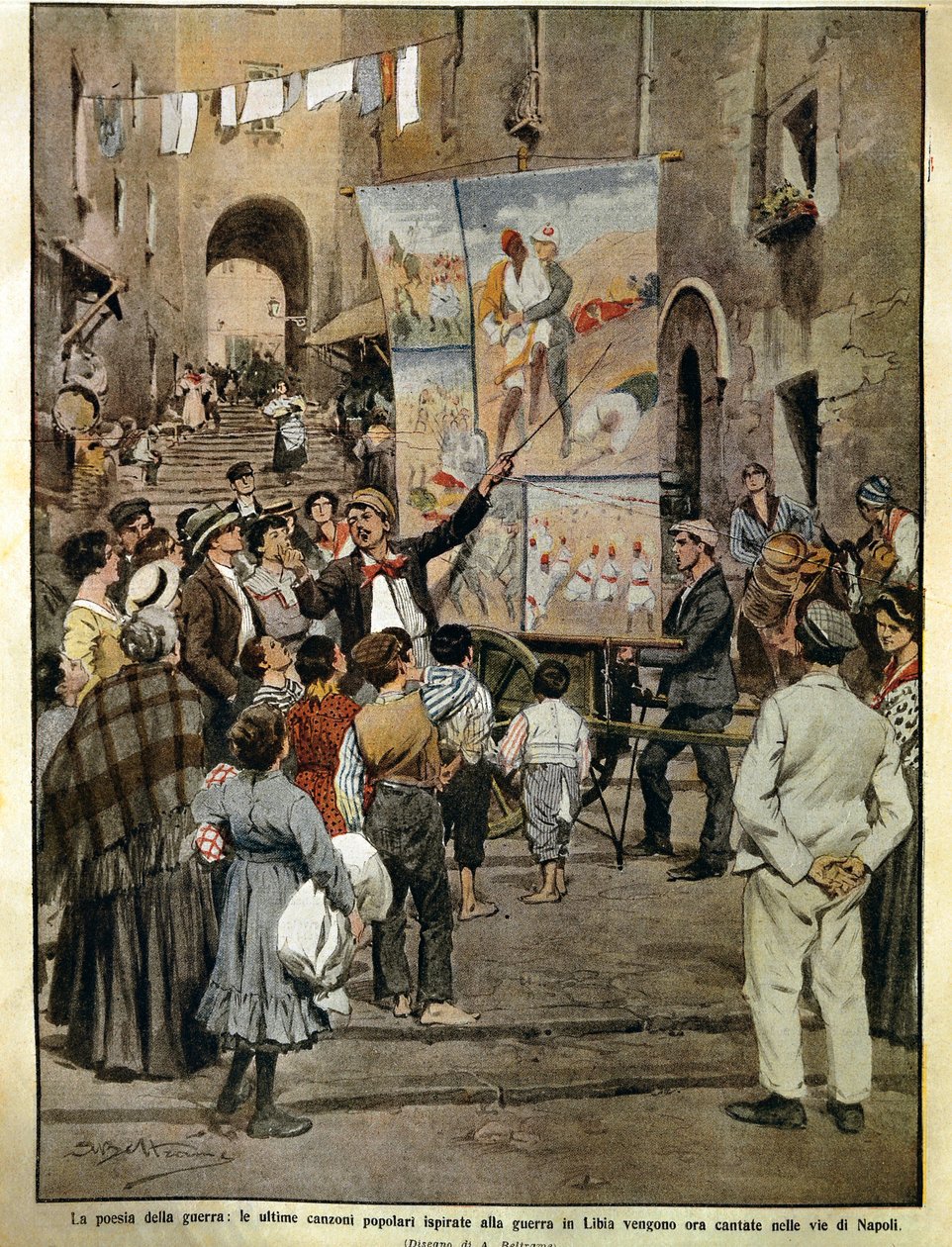 The Domenica del Corriere (italiensk søndagsavis) fra 8. desember 1910, folkesanger inspirert av krigen i Libya blir sunget i Napoli av balladesangere, av Achille Beltrame, illustrasjon av Achille Beltrame