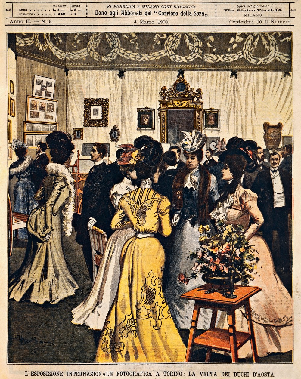 Hertugene av Aosta deltar på internasjonal fotoutstilling i Torino, av Achille Beltrame (1871-1945), fra La Domenica del Corriere, 4. mars 1900 av Achille Beltrame