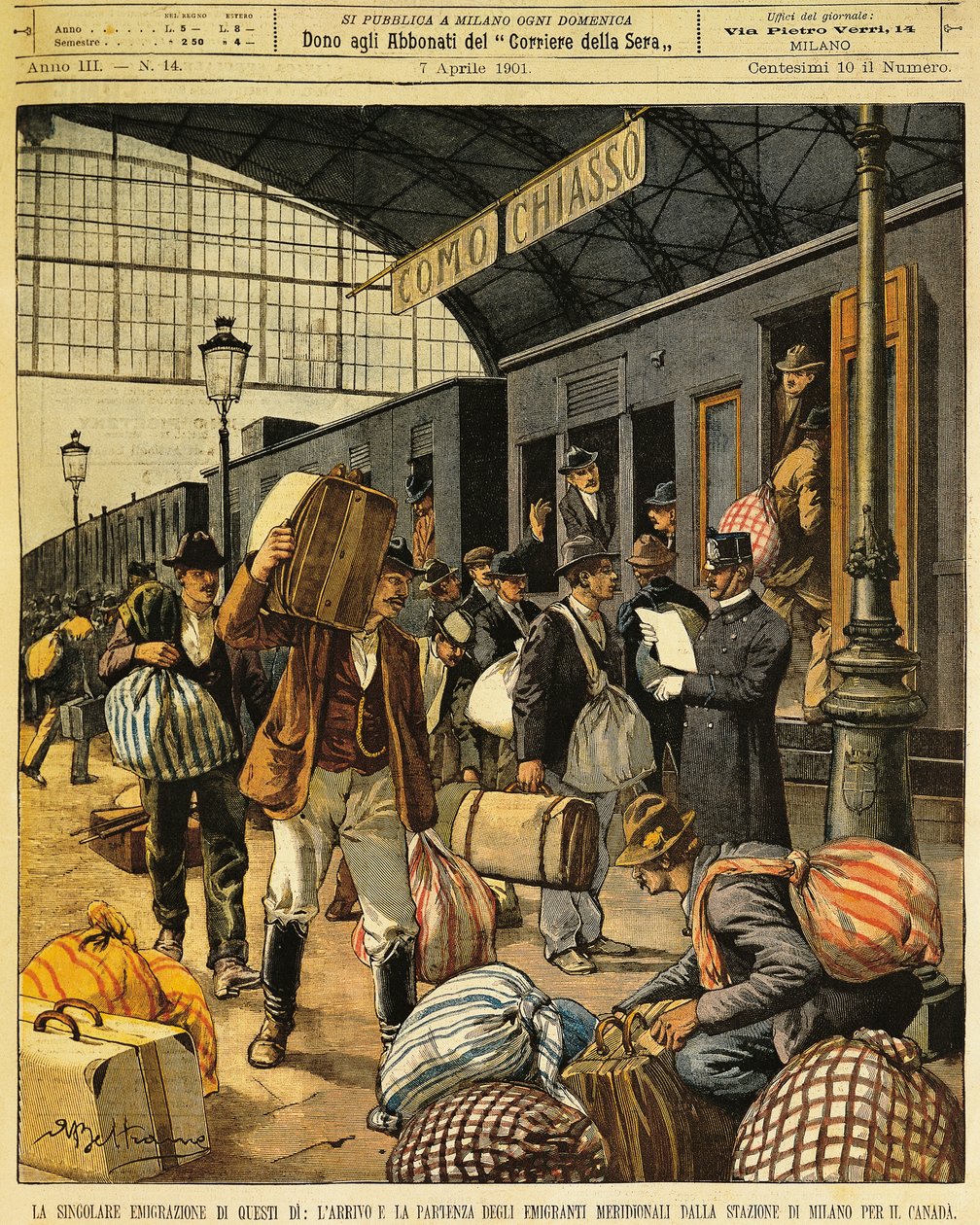 Den store emigrasjonen: ankomster og avganger av søritalienske emigranter til Canada, av Achille Beltrame (1871-1945), fra La Domenica del Corriere, 7. april 1901 av Achille Beltrame