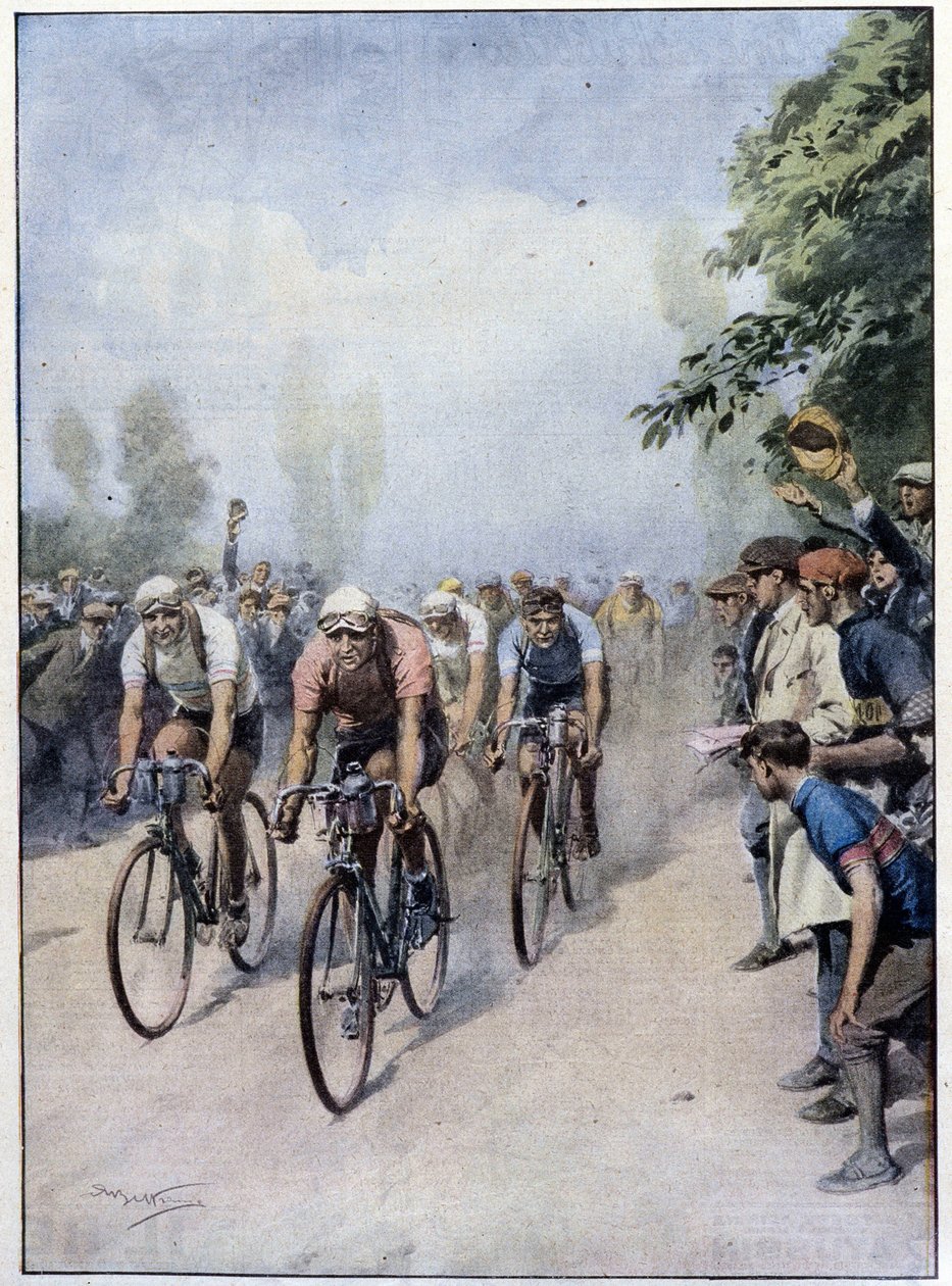 Den italienske sykkelturen med Guerra og Binda - tegning av A. Beltrame, i "La Domenica del Corriere"" 1. februar av Achille Beltrame