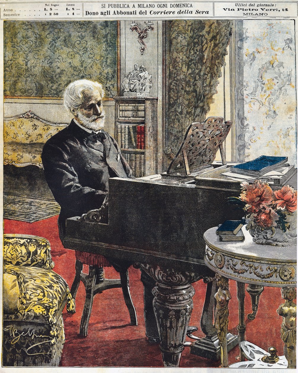 Den italienske komponisten Giuseppe Verdi i hans studie, plate av Achille Beltrame (1871-1945), La Domenica del Corriere, 8. oktober av Achille Beltrame