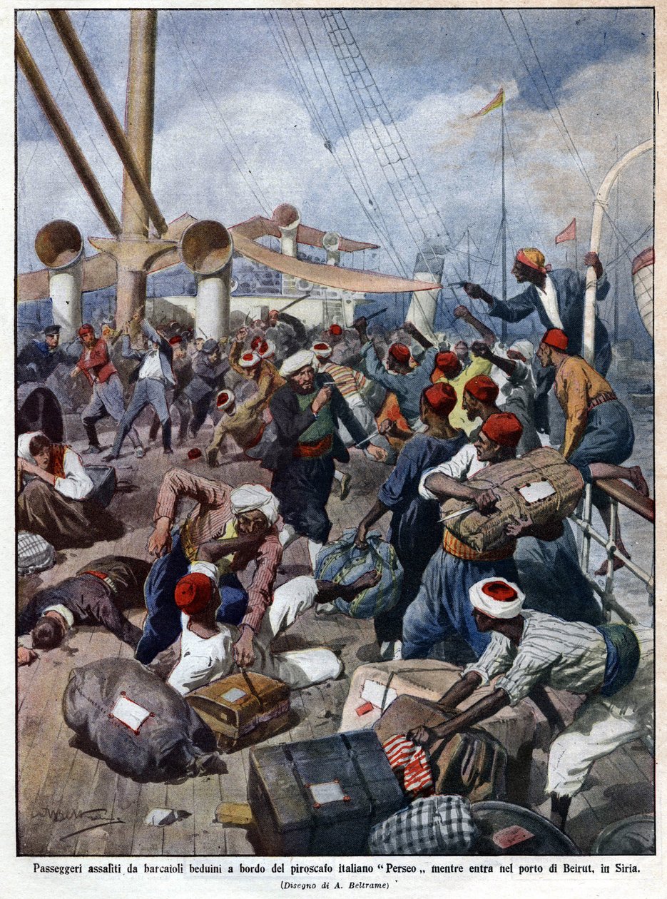 Det italienske linjeskipet "" Perseo"" på tidspunktet for innseiling i havnen i Beirut i Syria blir stormet av sjøbanditter - i "La Domenica del Corriere"" 07/1913. Illustrasjon av Beltrame. av Achille Beltrame