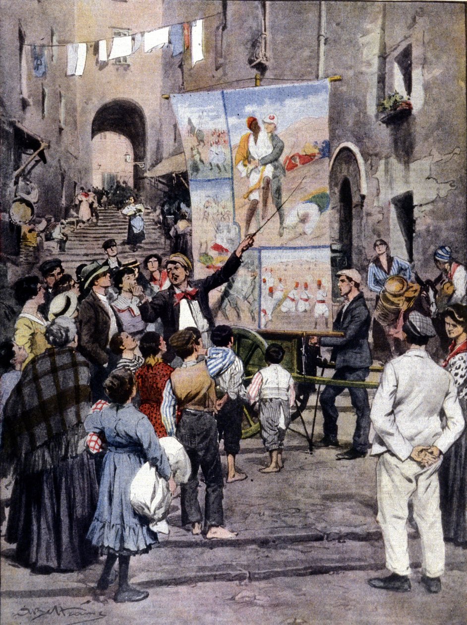 The Poesy of War: De siste populære sangene inspirert av Libya-krigen synges i gatene i Napoli av gateartister. ill. de Beltrame. La Domenica del Corriere. 1912 av Achille Beltrame