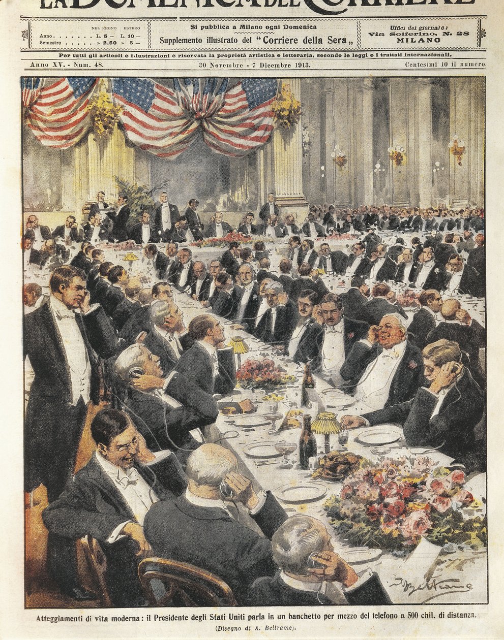 USAs president snakker på telefon i en avstand på 500 kilometer. Illustrasjon av Achille Beltrame på den italienske avisen 'La Domenica del Corriere', 20. november av Achille Beltrame