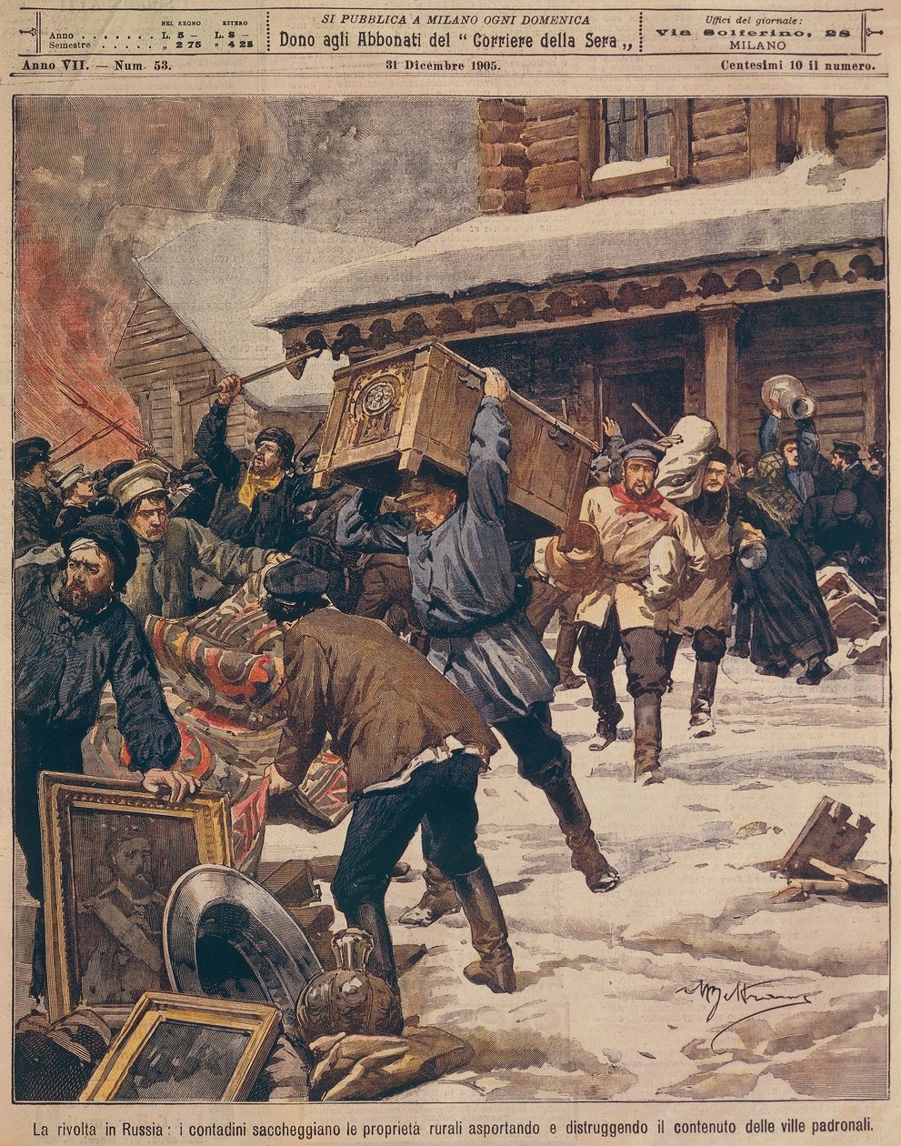 Den russiske revolusjonen: Bønder plyndrer eiendommer til landlige rike, av Achille Beltrame (1871-1945), fra La Domenica del Corriere, desember 1905 av Achille Beltrame