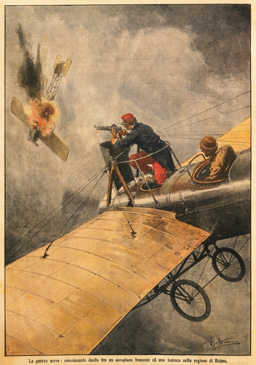 The War in Air: Duell mellom fransk fly og tysk fly over Reims, av Achille Beltrame (1871-1945), fra La Domenica del Corriere, 25. oktober 1914 av Achille Beltrame