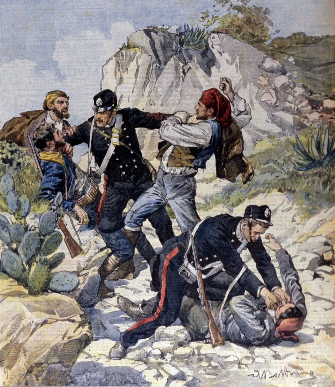 Arrestasjonen av tre farlige ranere nær Trapani på Sicilia. Illustrasjon av Beltrame. La Domenica del Corriere. 23.02.1902. av Achille Beltrame