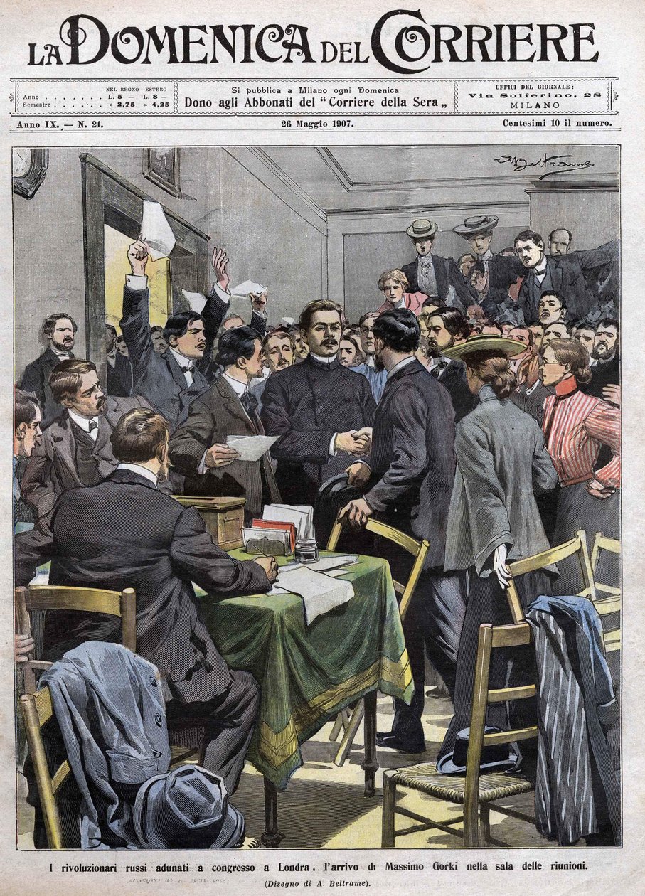 Maxim Gorkis ankomst til møterommet på kongressen i London etter revolusjonen i 1905 i Russland. Omslag av La Domenica del Corriere fra 26.05.1907. av Achille Beltrame