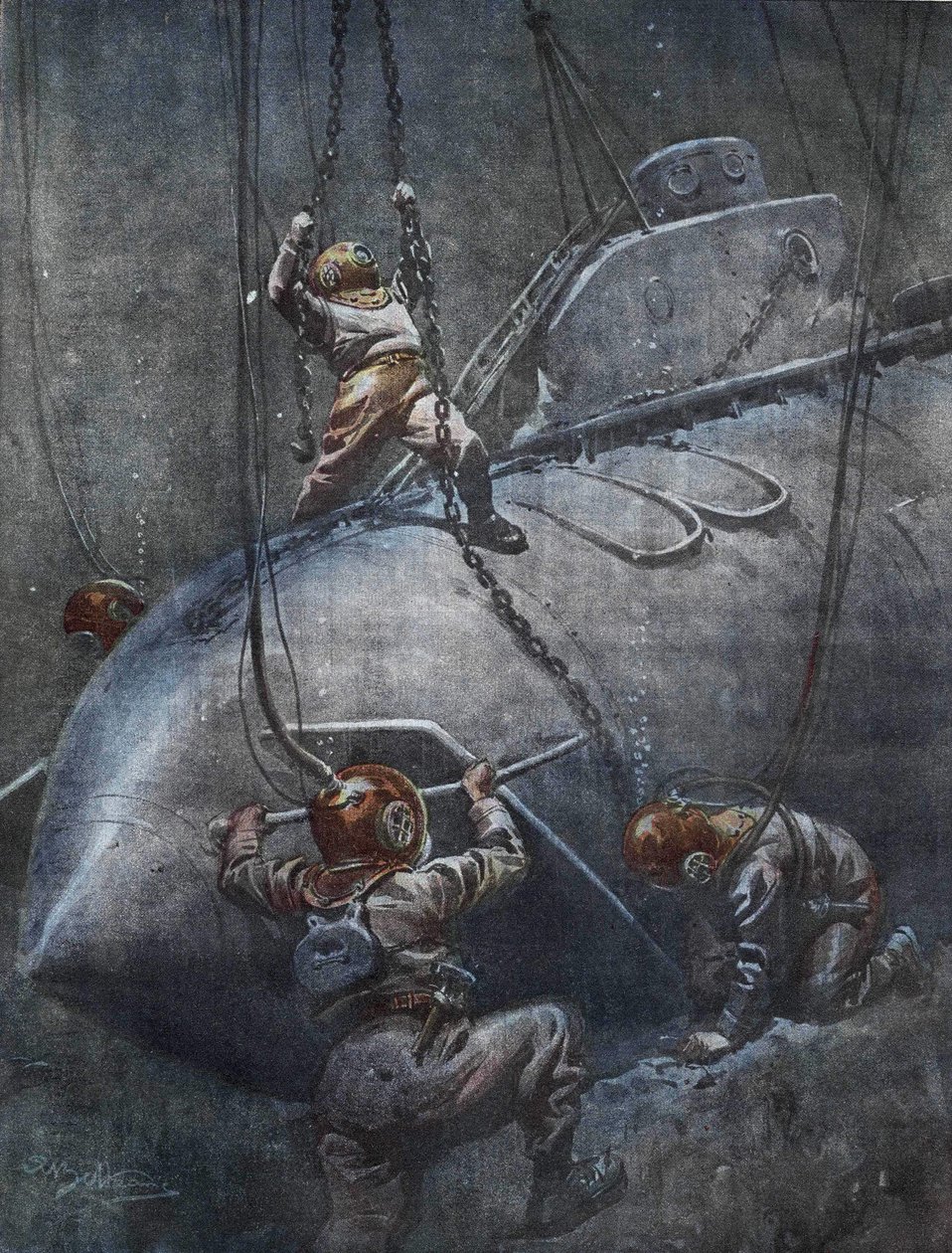 Katastrofen til den franske ubåten "Pluviose"" i 1910. Scaphandlerne prøver å fikse lenkene for å trekke den opp. Illustrasjon av Achille Beltrame. av Achille Beltrame