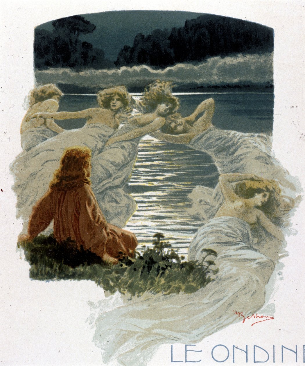 Karakterene til ondinene, unge nymfer i vannet i germansk mytologi. Illustrasjon av A. Beltrame. av Achille Beltrame