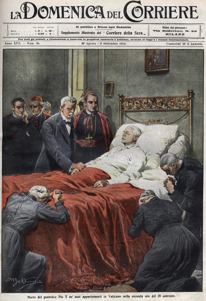 Pave Pius Xs død i 1914. Forside av domenica del Corriere 30. august av Achille Beltrame