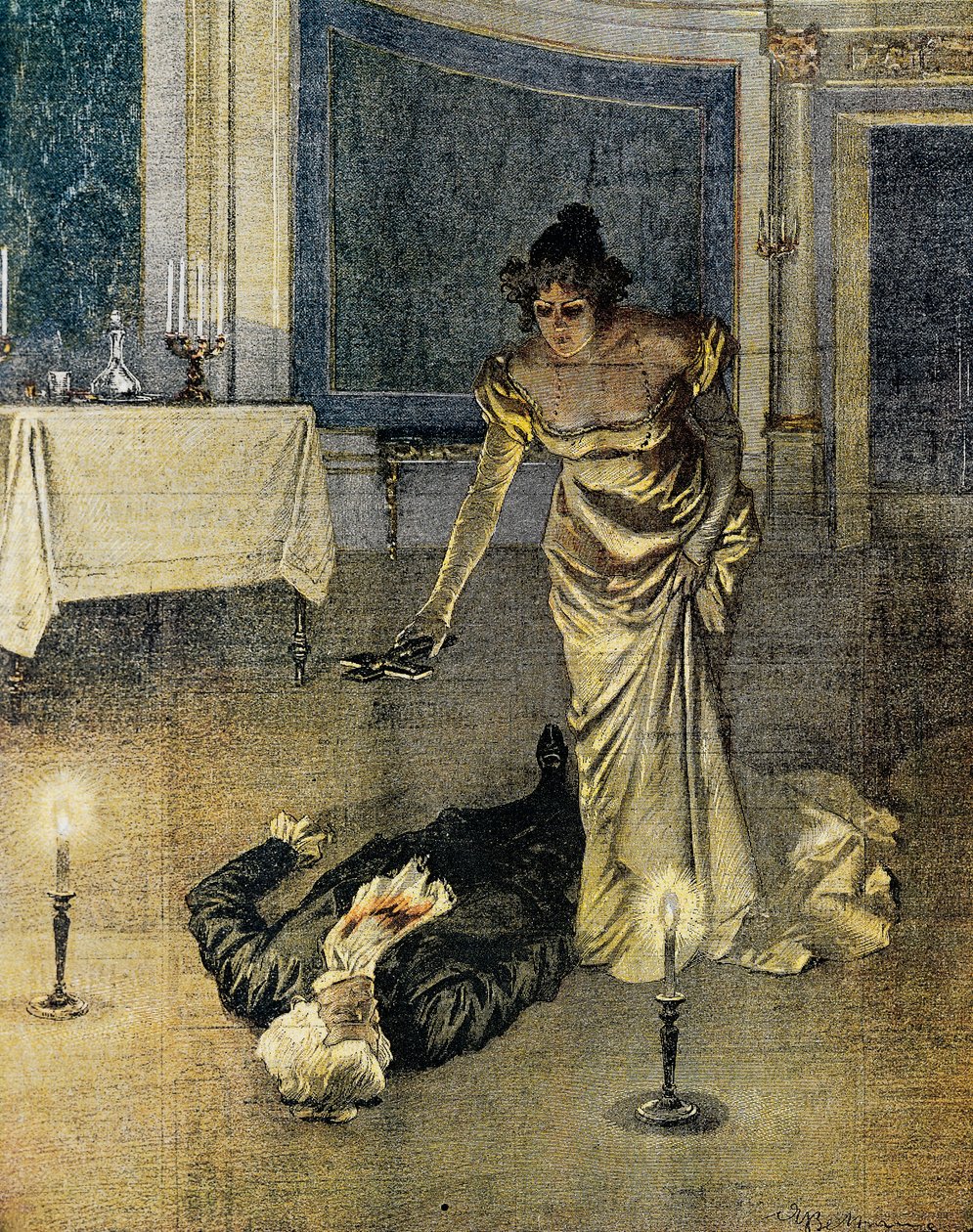 Scarpias død på slutten av akt II av Tosca av Giacomo Puccini, tallerken av Achille Beltrame (1871-1945), La Domenica del Corriere, 4. februar av Achille Beltrame