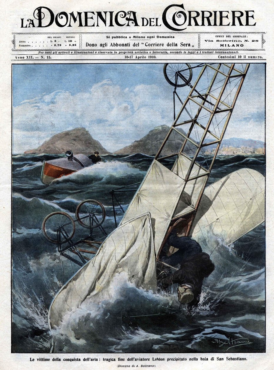 The drama of the air: the tragic end of airman Leblon rushed into the bay of San Sebastian. Illustration of Beltrame. La Domenica del Corriere. 10-17/04/1910. av Achille Beltrame