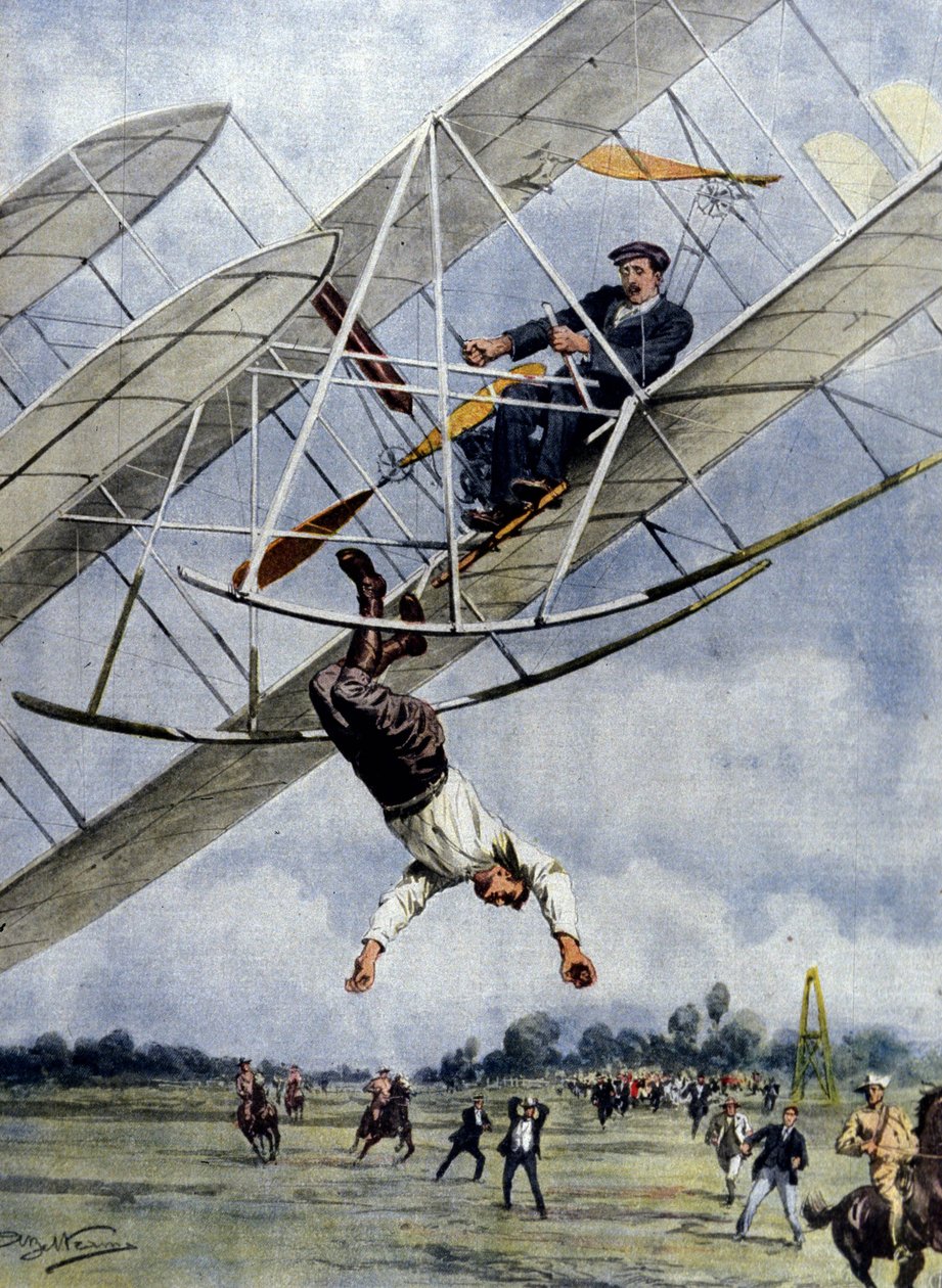 Luftens dramaer: Orville Wright og den amerikanske løytnanten Selfridge suser med flyet fra tretti meters høyde. Illustrasjon av Beltrame. La Domenica del Corriere. 1908. av Achille Beltrame
