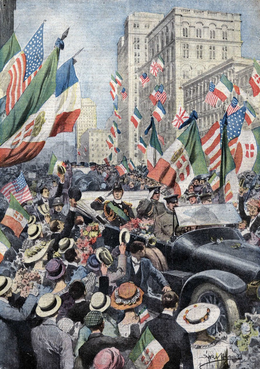 Den entusiastiske velkomsten fra det amerikanske folket til Ferdinand de Savoy, hertugen av Genova og prinsen av Udine (1884 - 1963) da han ankom Boston. ill. de Beltrame. La Domenica del Corriere. 06/1917. av Achille Beltrame