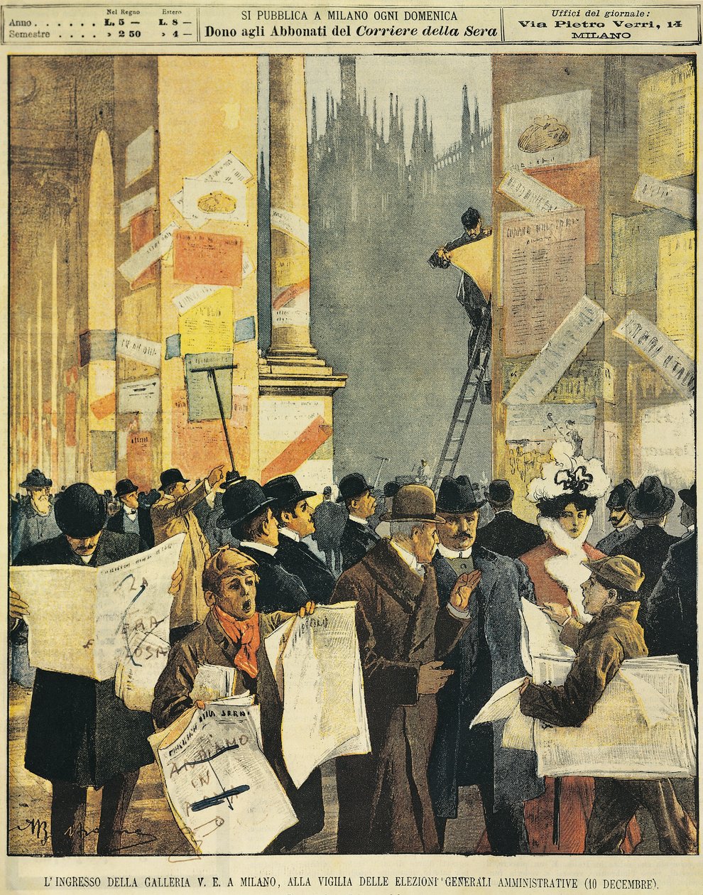 Inngangen til Galleria Vittorio Emanuele i Milano, på tampen av det generelle administrative valget, av Achille Beltrame (1871-1945), fra La Domenica del Corriere av Achille Beltrame