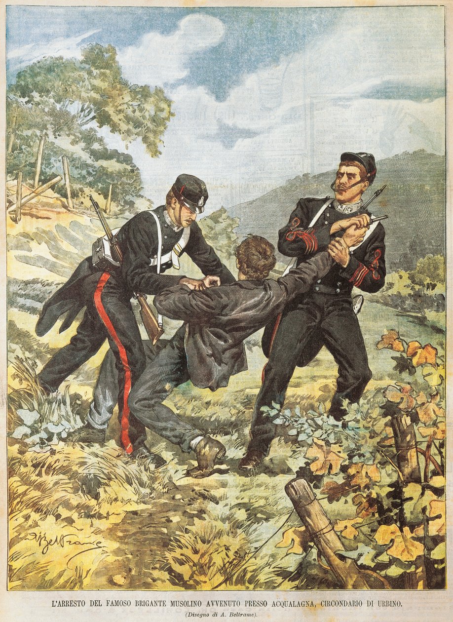 Den berømte briganden Musolino blir arrestert nær Acqualagna i distriktet Urbino, av Achille Beltrame (1871-1945), fra La Domenica del Corriere, 27. oktober 1901 av Achille Beltrame