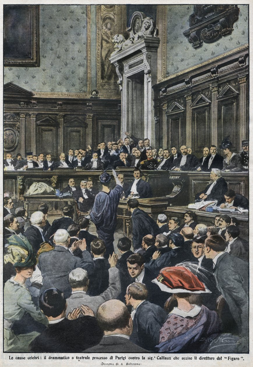 The grand procés: the great procés in Paris av Madame Caillaux som myrdet direktøren for Figaro. "La Domenica del Corriere", 22. til 29. november 1914. av Achille Beltrame