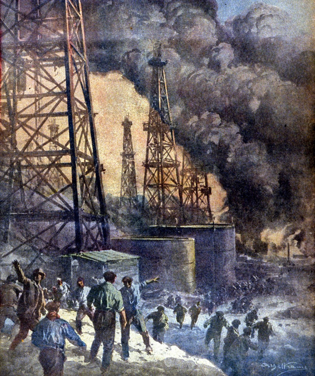 Helvetet av ild og flammer. Signal Hill oljebrønnbrannen i California. ill. av W. Beltrame. "La Domenica del corriere", 28.12.1924. av Achille Beltrame