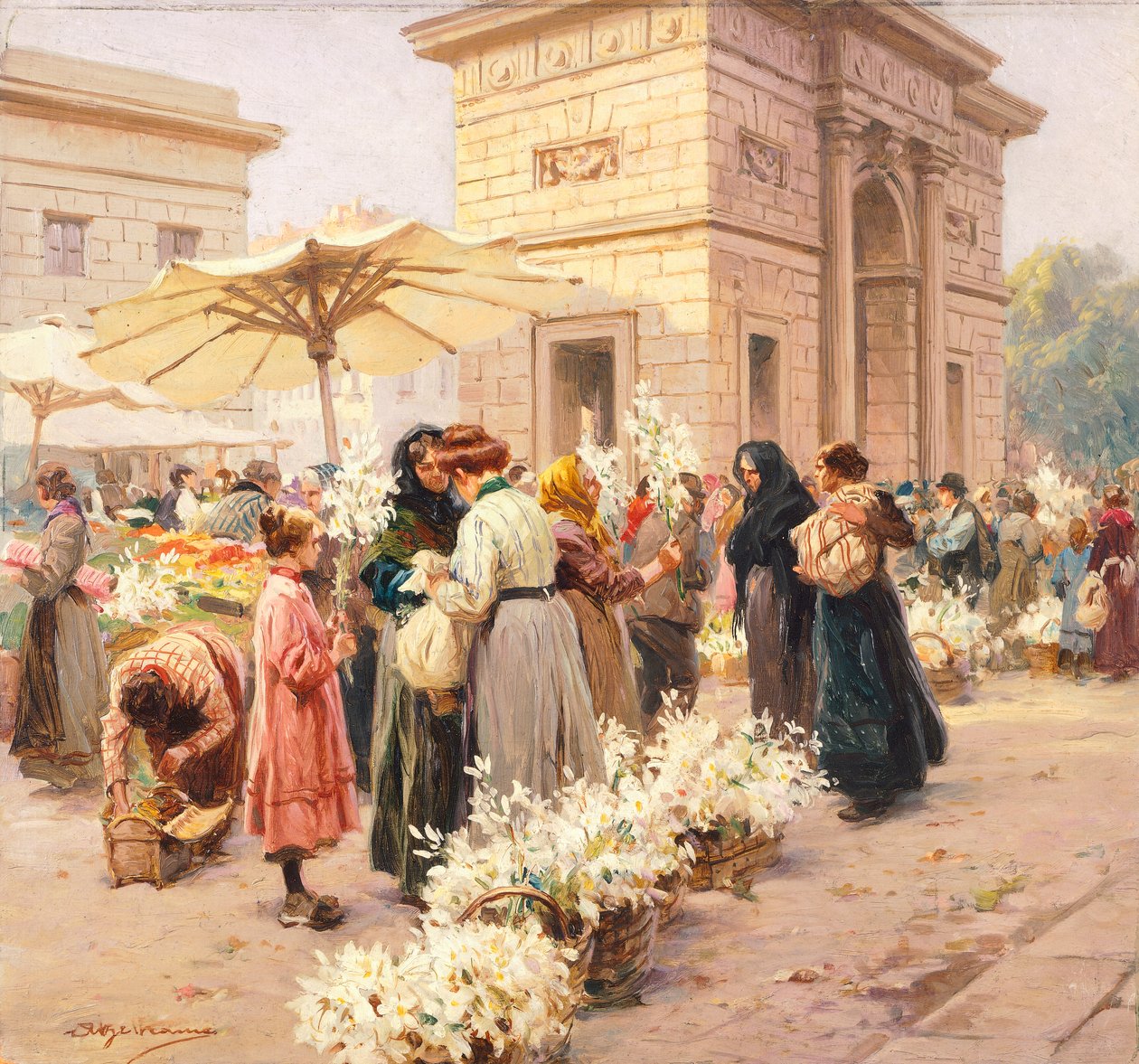 Liljemarkedet på Porta Garibaldi i Milano, av Achille Beltrame (1871-1945), fra La Domenica del Corriere, Italia 20. århundre av Achille Beltrame
